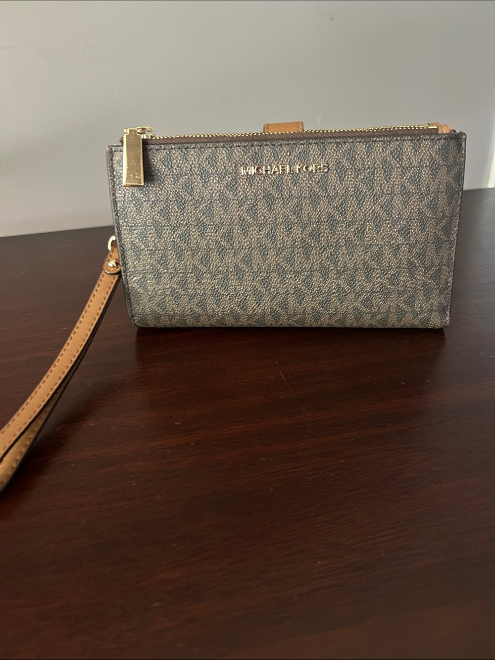 Michael Kors Brown Logo-Print Wristlet Wallet with Tan Strap and Gold Hardware